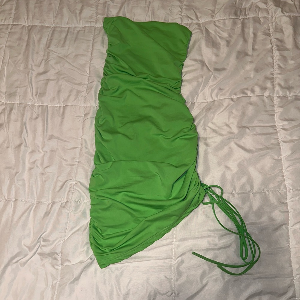 Tiger Mist Lime Green Strapless Ruched Dress